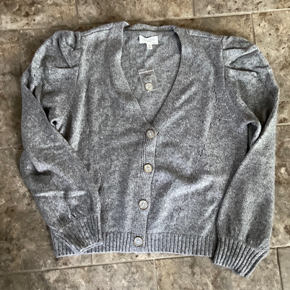 New with tags, Women’s medium cardigan sweat with puff sleeve detail